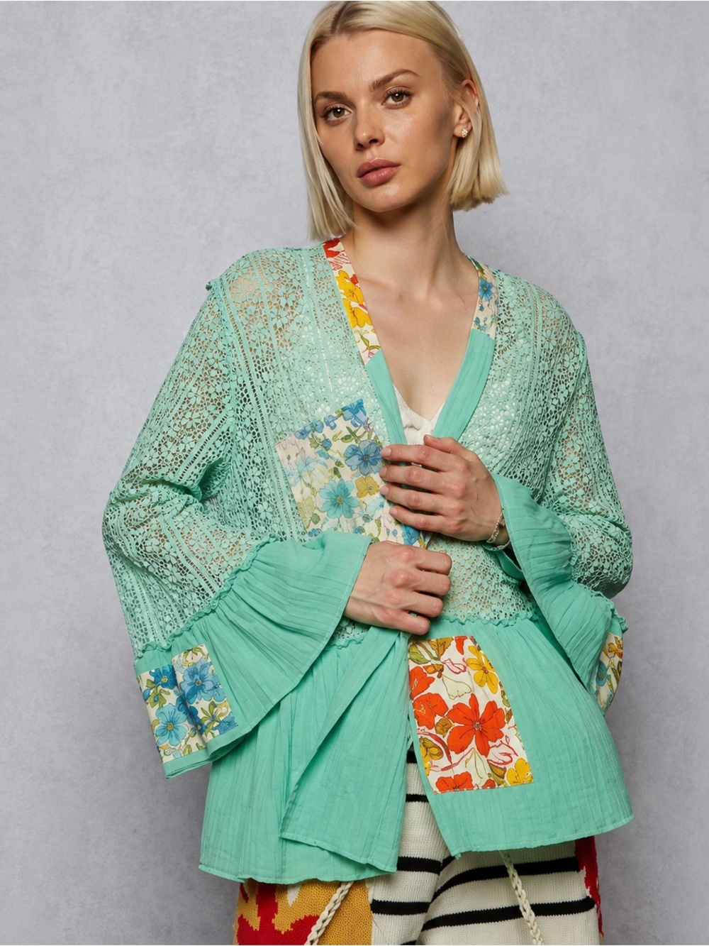 POL Mint Green Lace & Floral Patch Kimono Coverup